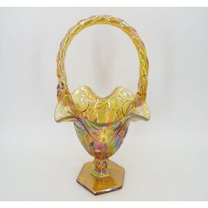 Vintage Fenton Iridescent Carnival Glass Hand Painted Floral Basket